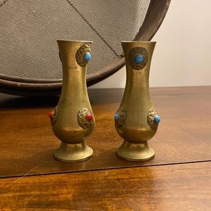 Pair Of Vintage Solid Brass Vase Turquoise Coral Colored Stones MCM Boho